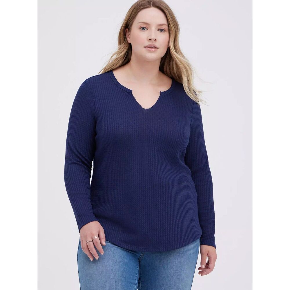 Torrid Waffle Notch Neck Long Sleeve Tee Blue Size 3